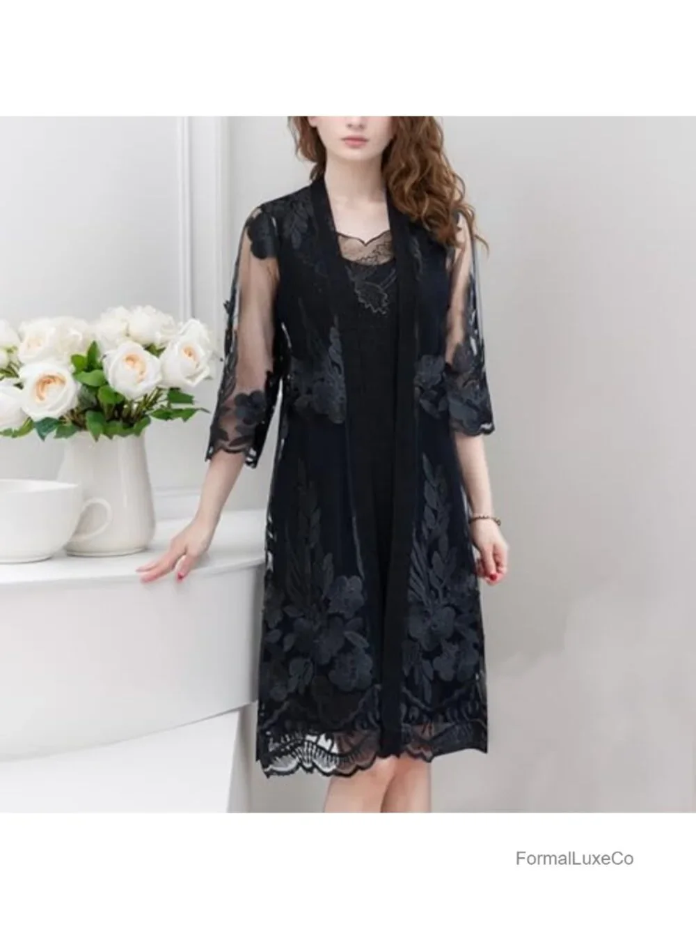 Loose Fit Ethnic Fusion Floral Lace Trim Knit Cardigan Sheer Duster 3/4 Sleeve